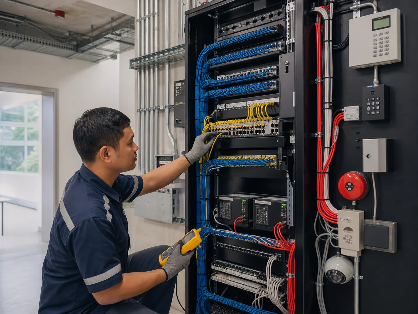 Low-voltage technician testing organized communications and auxiliary systems