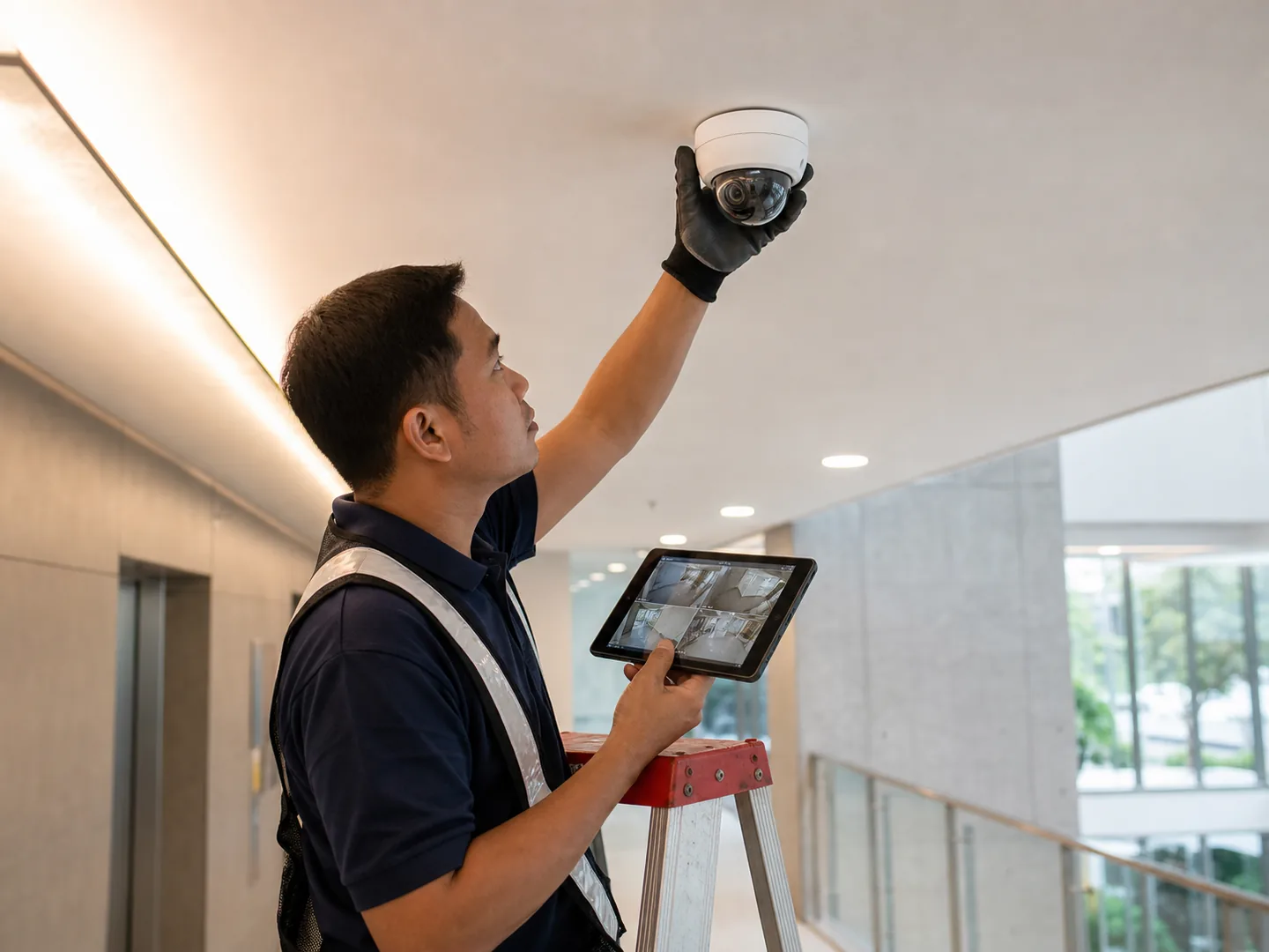 Security technician installing and aiming a ceiling-mounted CCTV camera