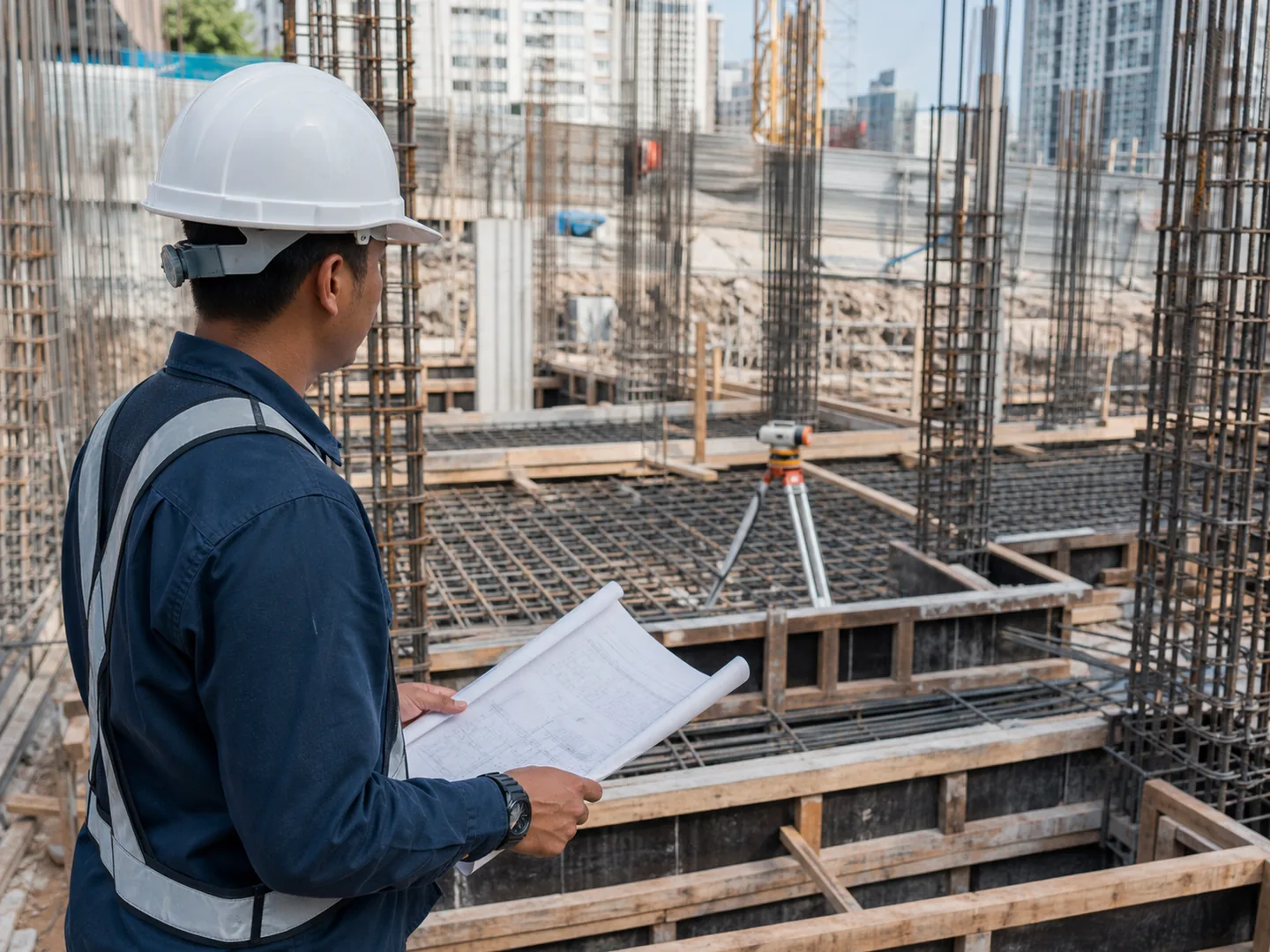 Site engineer inspecting reinforced concrete formwork and structural steel