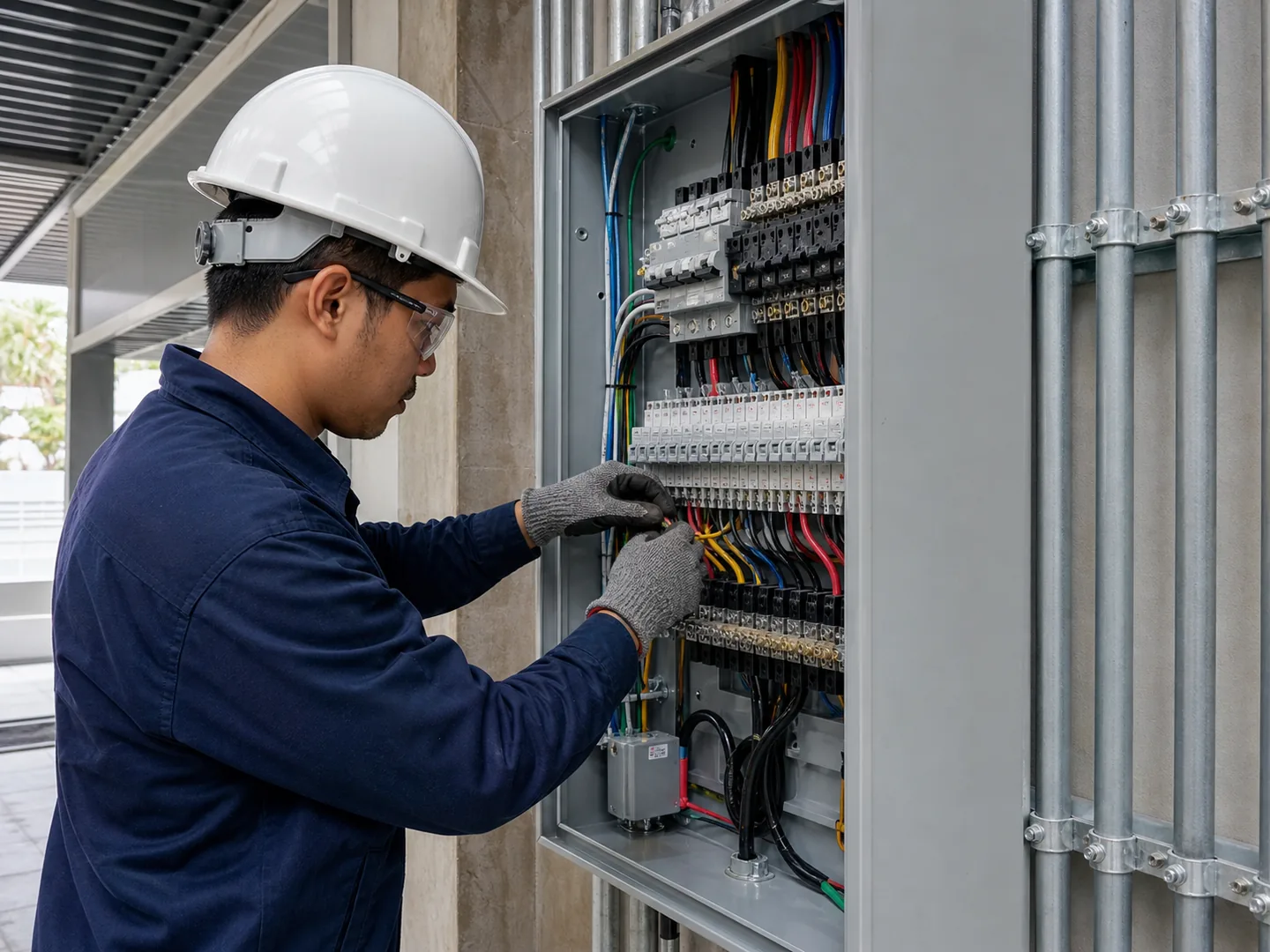 Electrician terminating organized cables in a commercial distribution panel