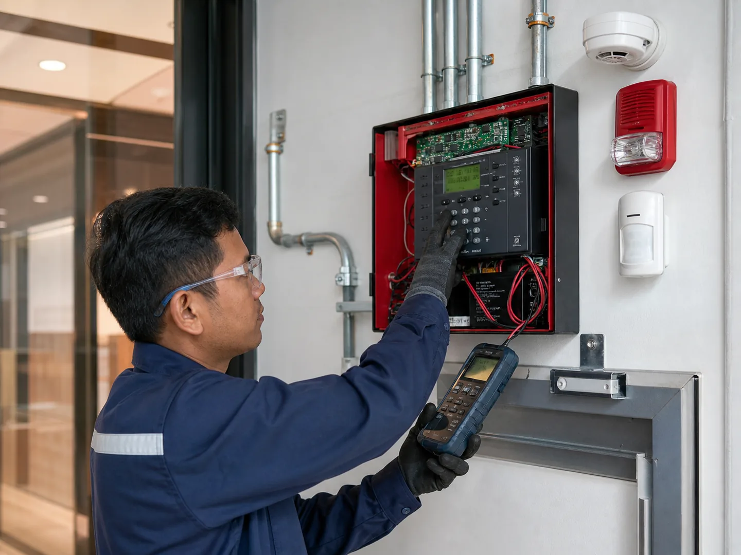 Security systems technician commissioning fire and burglar alarm equipment