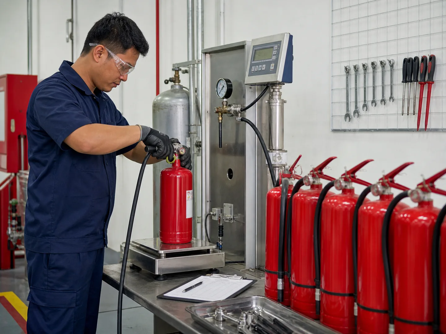 Technician servicing and refilling fire extinguishers in a professional workshop