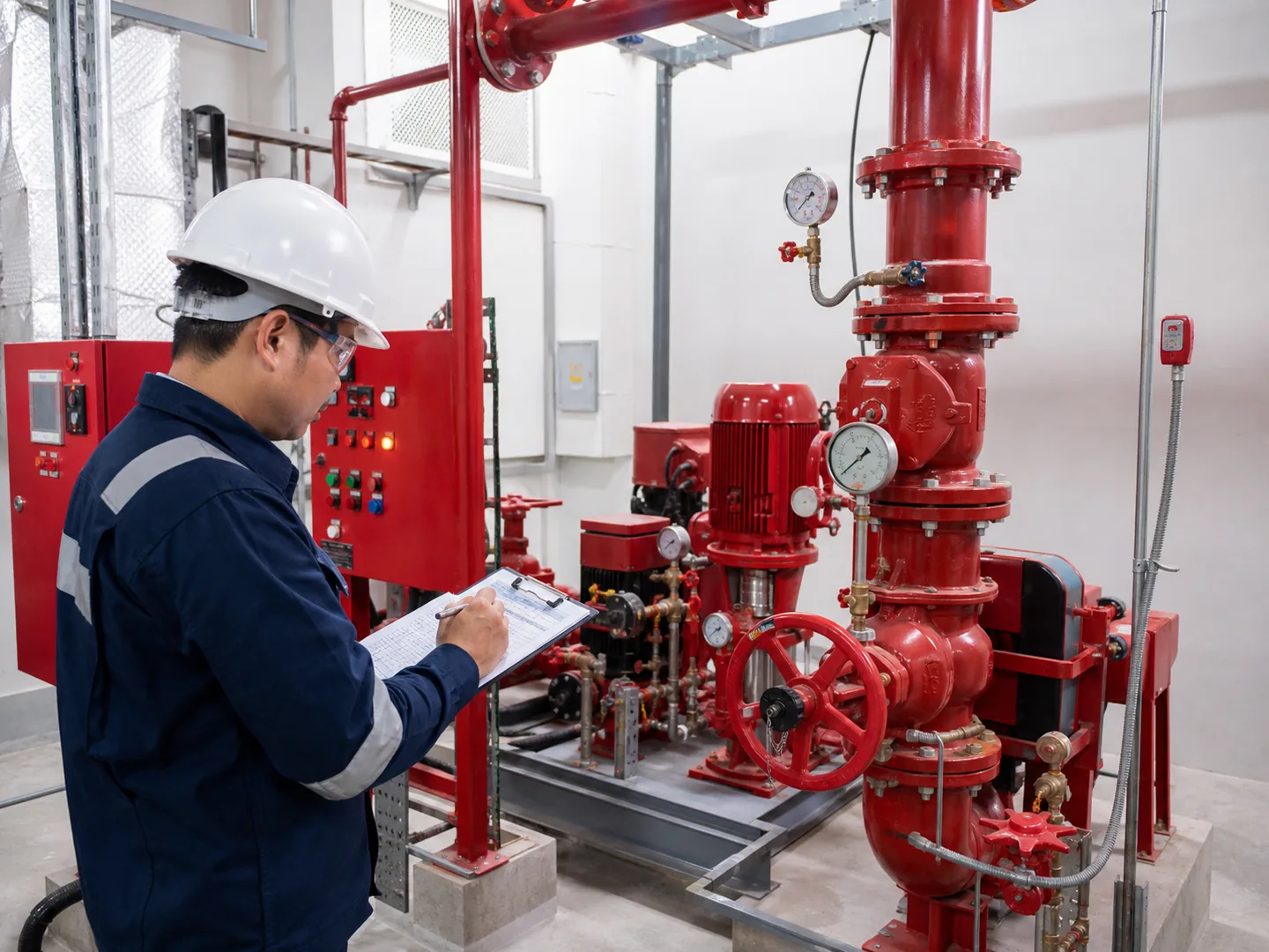 Fire-protection engineer inspecting a pump and sprinkler riser assembly