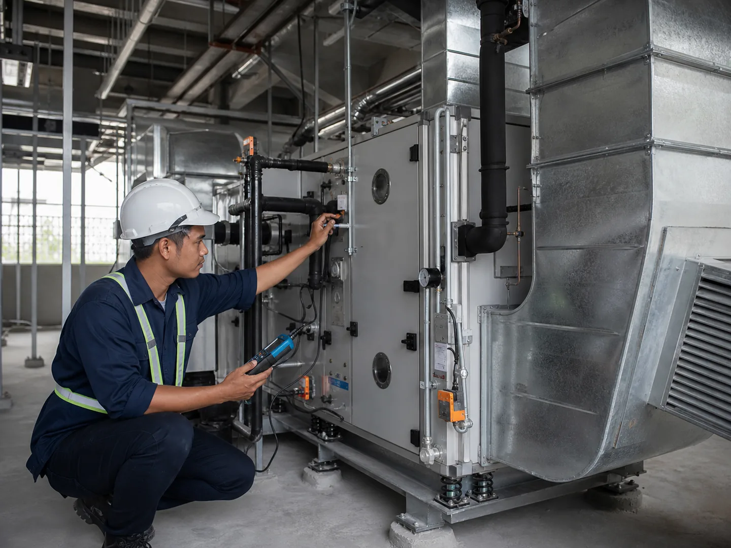 Mechanical technician commissioning commercial air-handling equipment