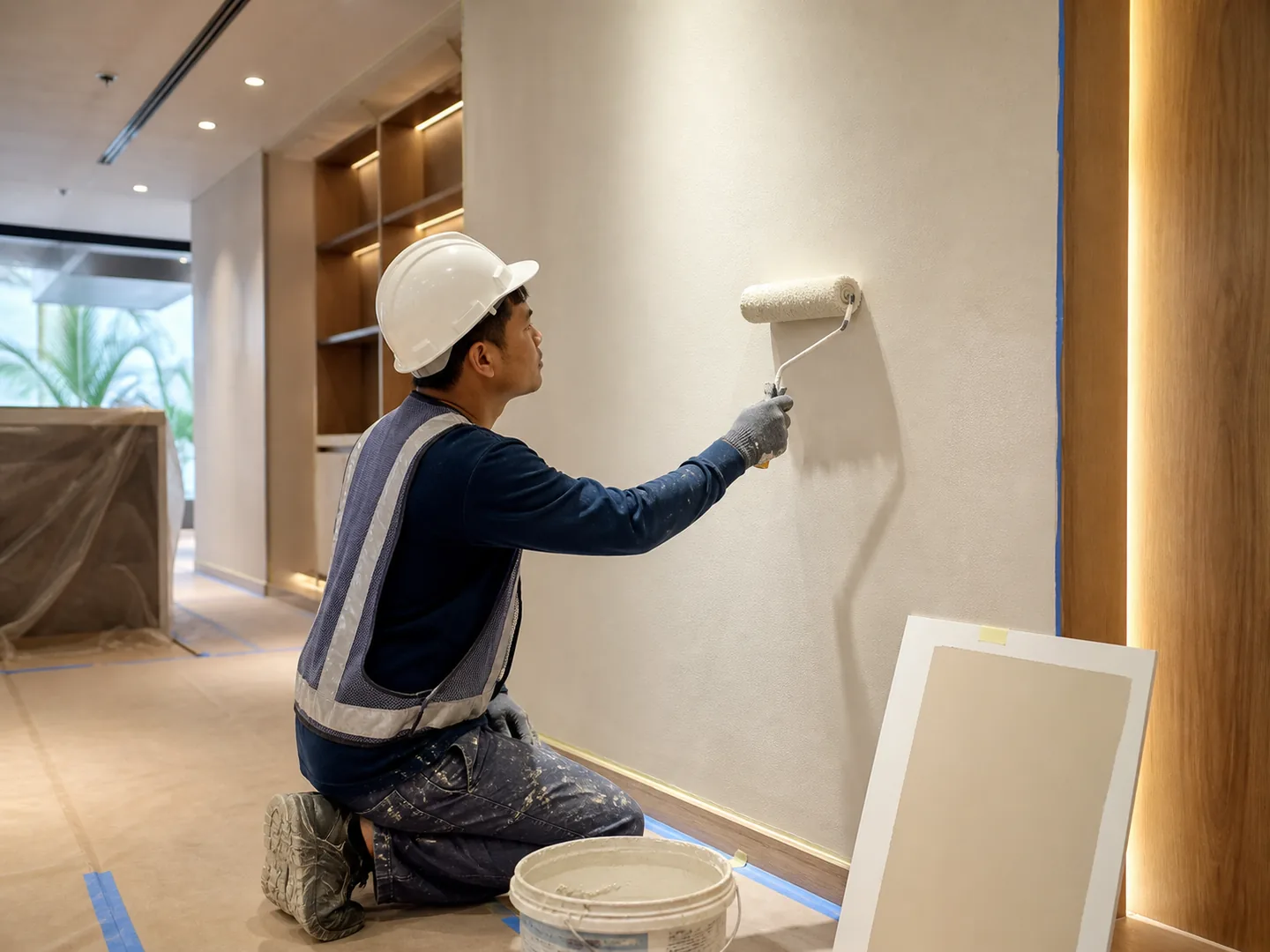 Finishing specialist applying a precise painted finish to a commercial interior