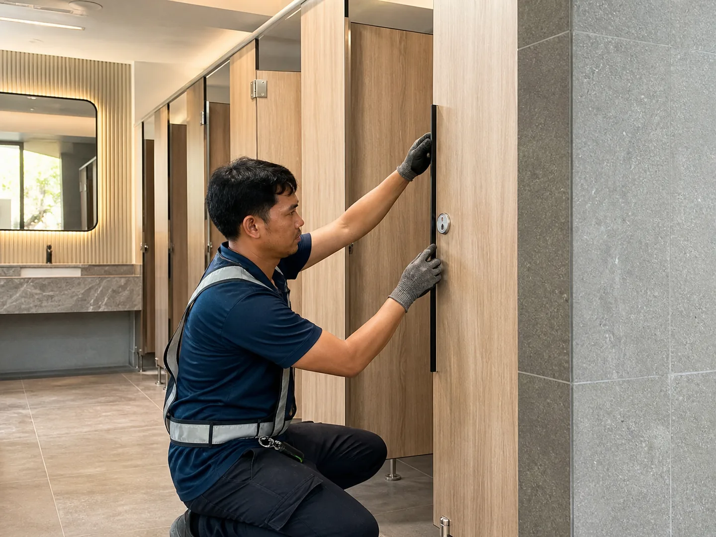 Installer fitting phenolic cubicle partitions and stainless hardware