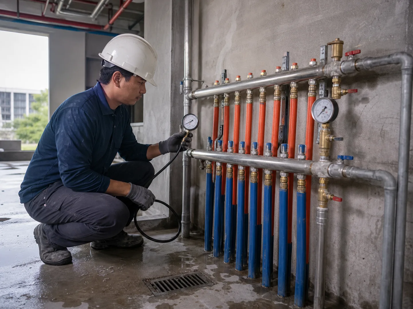Plumber pressure-testing an organized commercial water manifold