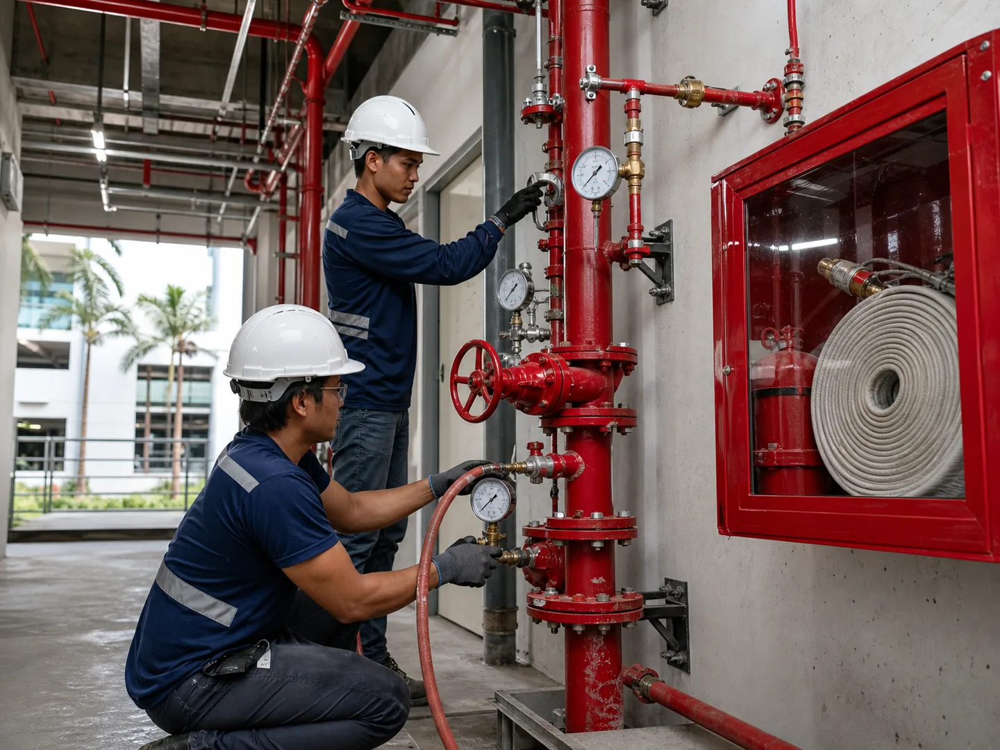 Installers pressure-testing a sprinkler and fire hydrant riser system